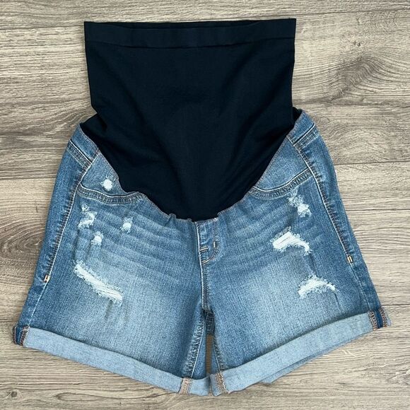 1822 Denim Maternity Shorts Size 4 Distressed Light Blue Belly Panel Roll Hem - Picture 4 of 11